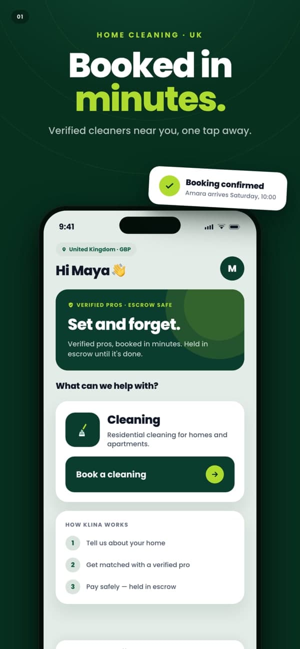 Klina App Store image: 'Booked in minutes.' above a phone showing the home screen and a Book a cleaning button.