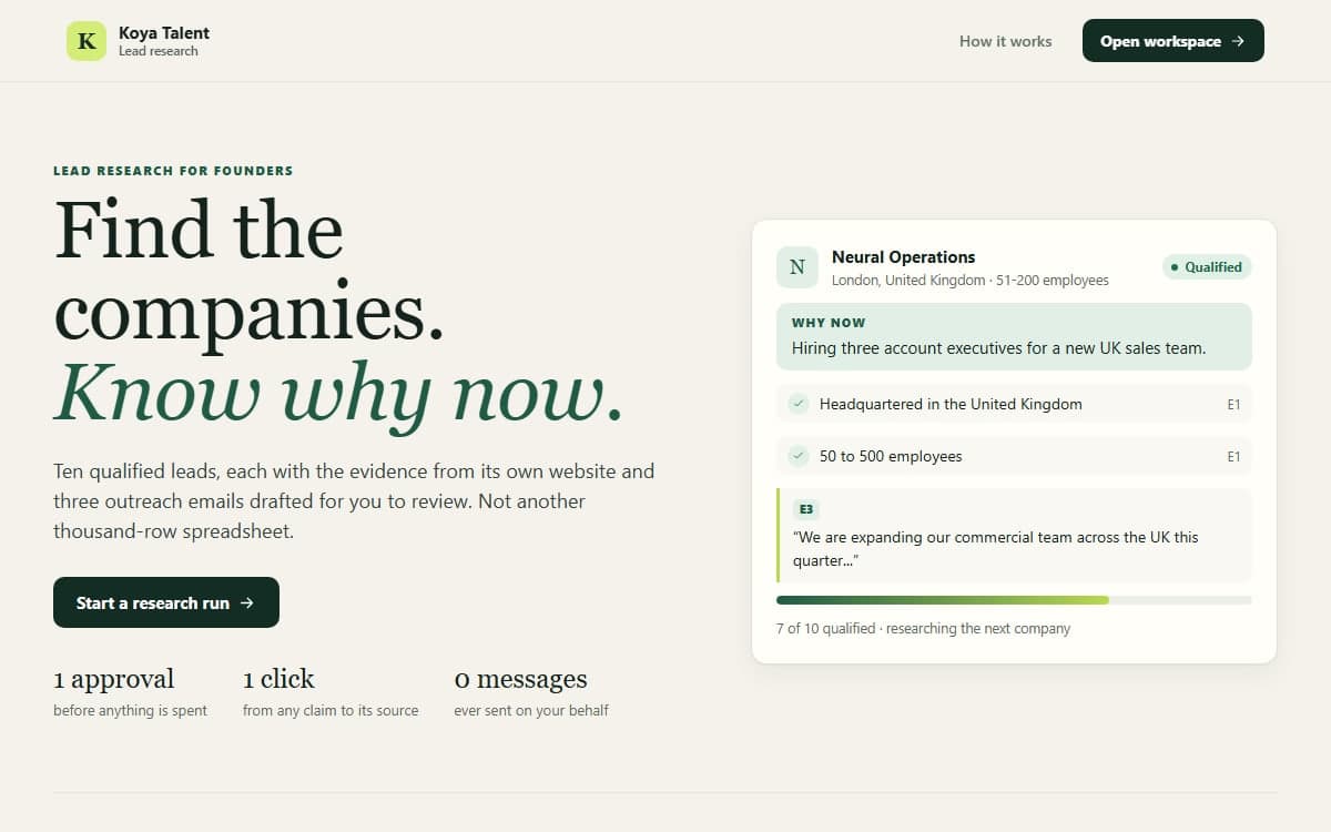 The Koya Talent lead research landing page. The headline reads 'Find the companies. Know why now.' beside a sample card for one qualified lead.