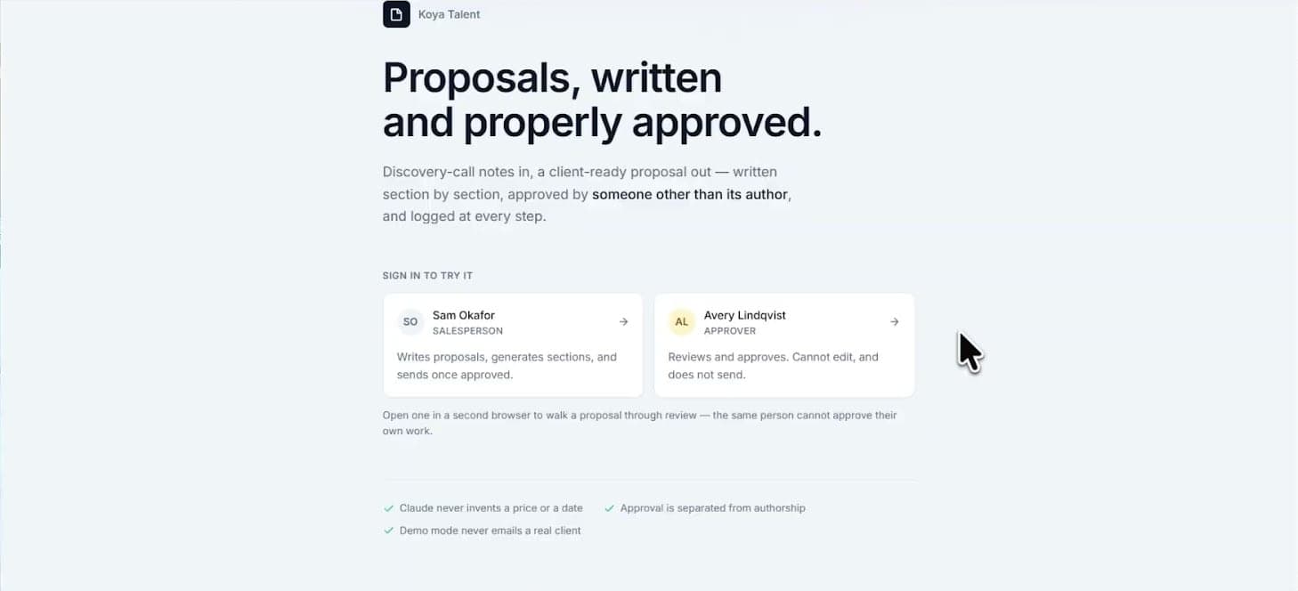 A frame from the walkthrough: the sign-in page, 'Proposals, written and properly approved.', with one demo account for the salesperson and one for the approver.
