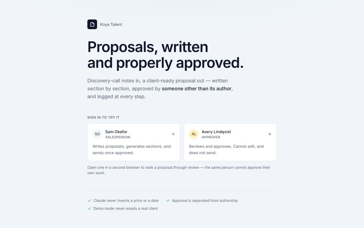 The proposal app's sign-in page. The headline reads 'Proposals, written and properly approved.' above two demo accounts: a salesperson who writes and sends, and an approver who reviews but cannot edit or send.